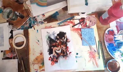 Peinture de Anne Cheriez à partir de 'la déposition' du Caravage peinture haitienne de Raoul Dupoux